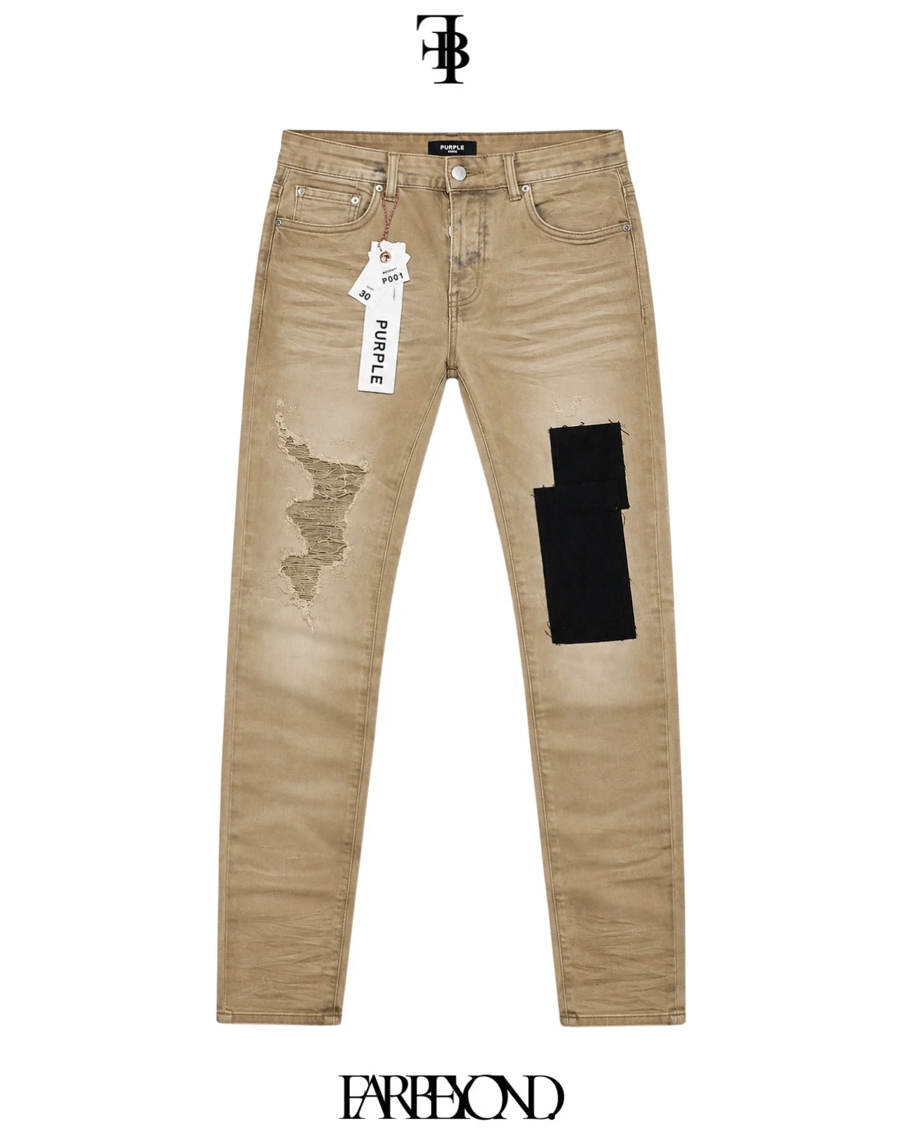 Purple Brand P001 Skinny Jeans - Ripped Detailing & Black Patchwork - Khaki